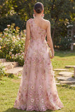 One Shoulder Pink Fuchsia A-Line Tulle Appliqued Ruched Long Floral Dress
