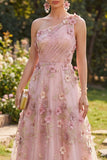 One Shoulder Pink Fuchsia A-Line Tulle Appliqued Ruched Long Floral Dress