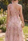 One Shoulder Pink Fuchsia A-Line Tulle Appliqued Ruched Long Floral Dress