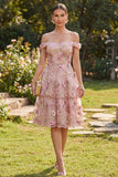 Pink Fuchsia A-Line Tulle Off the Shoulder Appliqued Floral Midi Dress