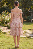 Pink Fuchsia A-Line Tulle Off the Shoulder Appliqued Floral Midi Dress