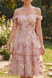 Pink Fuchsia A-Line Tulle Off the Shoulder Appliqued Floral Midi Dress