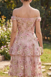 Pink Fuchsia A-Line Tulle Off the Shoulder Appliqued Floral Midi Dress