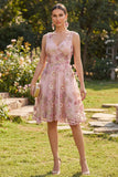 A-Line Tulle Pink Fuchsia V-Neck Appliqued Floral Midi Dress