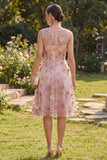 A-Line Tulle Pink Fuchsia V-Neck Appliqued Floral Midi Dress