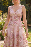 A-Line Tulle Pink Fuchsia V-Neck Appliqued Floral Midi Dress