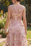 A-Line Tulle Pink Fuchsia V-Neck Appliqued Floral Midi Dress