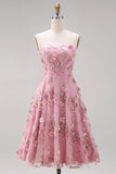 A-Line Tulle Sweetheart Pink Fuchsia Appliqued Floral Midi Dress