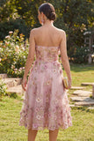 A-Line Tulle Sweetheart Pink Fuchsia Appliqued Floral Midi Dress