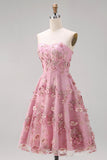 A-Line Tulle Sweetheart Pink Fuchsia Appliqued Floral Midi Dress