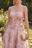 A-Line Tulle Sweetheart Pink Fuchsia Appliqued Floral Midi Dress