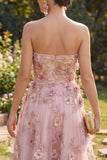 A-Line Tulle Sweetheart Pink Fuchsia Appliqued Floral Midi Dress