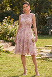 A-Line Tulle Pink Fuchsia Round Neck Appliqued Floral Midi Dress