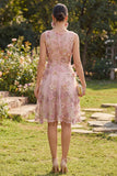 A-Line Tulle Pink Fuchsia Round Neck Appliqued Floral Midi Dress