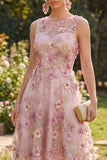 A-Line Tulle Pink Fuchsia Round Neck Appliqued Floral Midi Dress