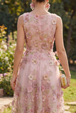 A-Line Tulle Pink Fuchsia Round Neck Appliqued Floral Midi Dress