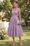 A-Line Tulle Lilac V-Neck Appliqued Beaded Floral Midi Dress