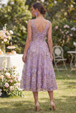 A-Line Tulle Lilac V-Neck Appliqued Beaded Floral Midi Dress