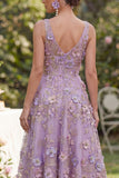 A-Line Tulle Lilac V-Neck Appliqued Beaded Floral Midi Dress