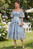 Off the Shoulder A-Line Tulle Blue Appliqued Ruched Beaded Floral Midi Dress