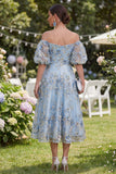 Off the Shoulder A-Line Tulle Blue Appliqued Ruched Beaded Floral Midi Dress