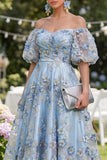 Off the Shoulder A-Line Tulle Blue Appliqued Ruched Beaded Floral Midi Dress