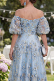 Off the Shoulder A-Line Tulle Blue Appliqued Ruched Beaded Floral Midi Dress