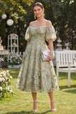 Off the Shoulder A-Line Tulle Blue Appliqued Ruched Beaded Floral Midi Dress
