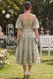 Off the Shoulder A-Line Tulle Blue Appliqued Ruched Beaded Floral Midi Dress