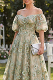 Off the Shoulder A-Line Tulle Blue Appliqued Ruched Beaded Floral Midi Dress