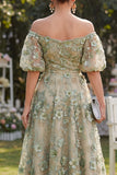 Off the Shoulder A-Line Tulle Blue Appliqued Ruched Beaded Floral Midi Dress