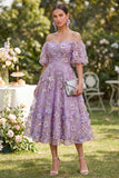 Off the Shoulder A-Line Tulle Blue Appliqued Ruched Beaded Floral Midi Dress