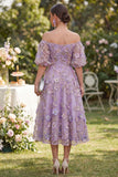 Off the Shoulder A-Line Tulle Blue Appliqued Ruched Beaded Floral Midi Dress