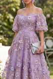 Off the Shoulder A-Line Tulle Blue Appliqued Ruched Beaded Floral Midi Dress