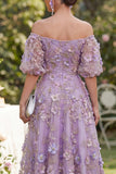 Off the Shoulder A-Line Tulle Blue Appliqued Ruched Beaded Floral Midi Dress