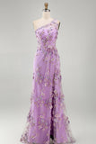 Mermaid Tulle Lilac One Shoulder Appliqued Beaded Ruched Long Floral Dress with Slit