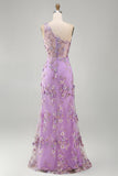 Mermaid Tulle Lilac One Shoulder Appliqued Beaded Ruched Long Floral Dress with Slit