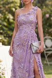 Mermaid Tulle Lilac One Shoulder Appliqued Beaded Ruched Long Floral Dress with Slit