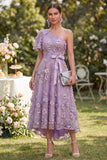 Tulle Lilac A-Line One Shoulder Appliqued Beaded Midi Floral Dress with Bow