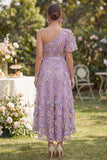 Tulle Lilac A-Line One Shoulder Appliqued Beaded Midi Floral Dress with Bow