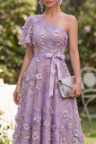 Tulle Lilac A-Line One Shoulder Appliqued Beaded Midi Floral Dress with Bow
