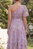 Tulle Lilac A-Line One Shoulder Appliqued Beaded Midi Floral Dress with Bow