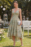Tulle Dusty Green A-Line Appliqued Corset Beaded Midi Floral Dress