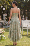 Tulle Dusty Green A-Line Appliqued Corset Beaded Midi Floral Dress