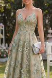 Tulle Dusty Green A-Line Appliqued Corset Beaded Midi Floral Dress