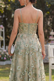 Tulle Dusty Green A-Line Appliqued Corset Beaded Midi Floral Dress