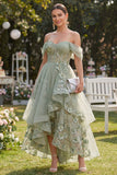 Off the Shoulder Organza Dusty Green A-Line Appliqued Corset Midi Floral Dress
