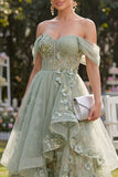 Off the Shoulder Organza Dusty Green A-Line Appliqued Corset Midi Floral Dress