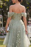 Off the Shoulder Organza Dusty Green A-Line Appliqued Corset Midi Floral Dress