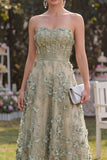 Dusty Green A-Line Tulle Appliqued Beaded Corset Midi Floral Dress
